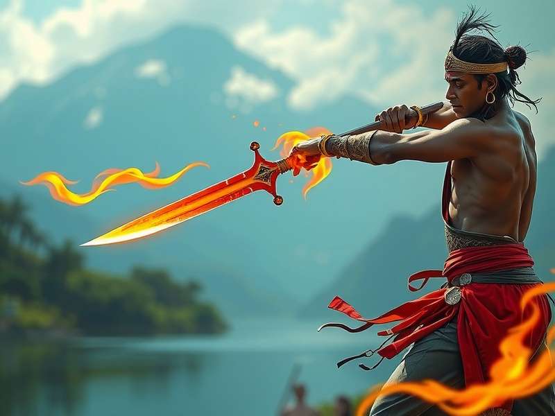 Fiery Sword Combat Game Cover - Ancient Indian Warrior with Flaming Blade in Himalayan Foothills